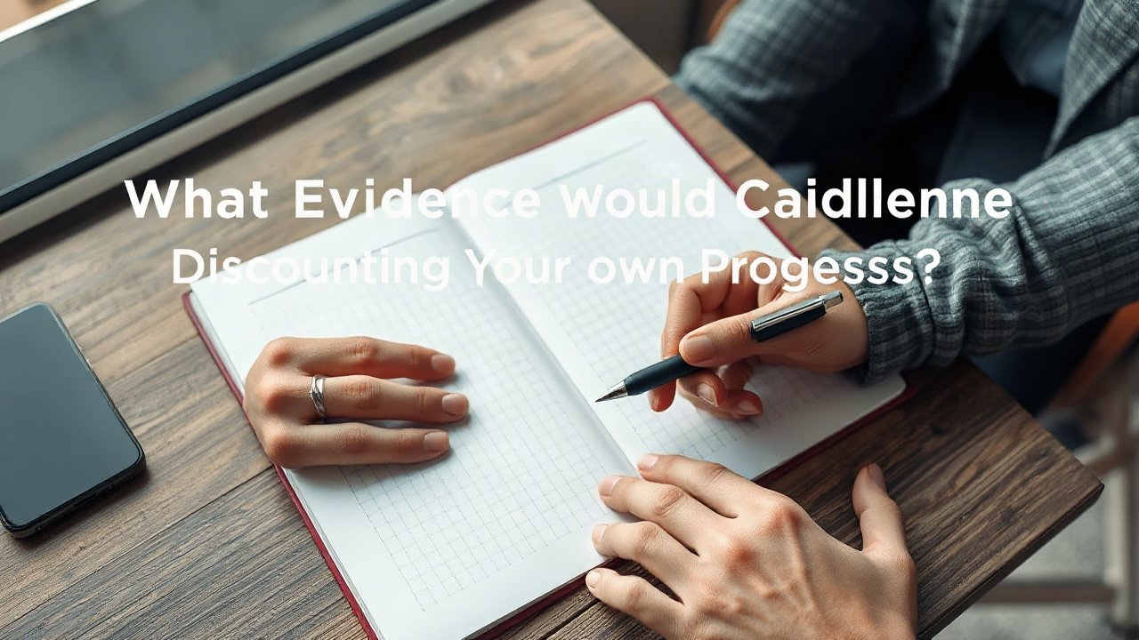 Editorial scene illustrating What Evidence Would Challenge Discounting Your Own Progress?