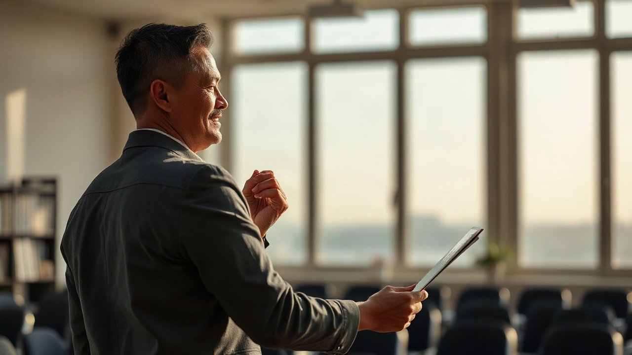 Editorial scene illustrating Future-Self Exercise for Public Speaking